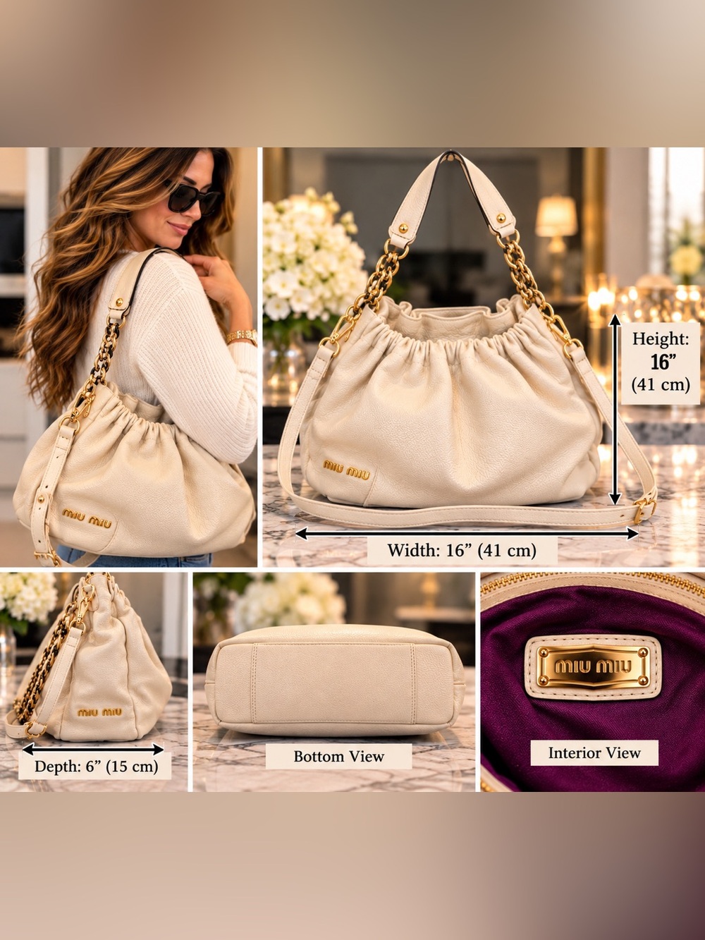 Miu Miu Cream Pebbled Leather Drawstring Shoulder Bag with Gold Hardware